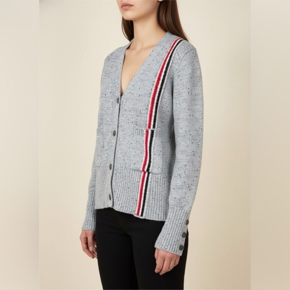 NEW THOM BROWNE Cotton V-Neck Speckled Grey Cardigan Sz Small